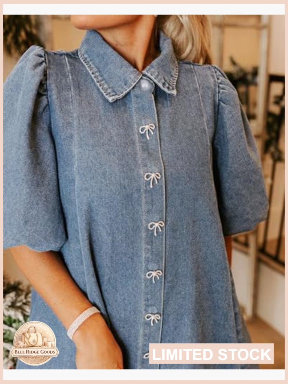 Denim Babydoll Mini Dress with Puff Sleeves Lapel Collar Diamond Bow Decor - Picture 2 of 6